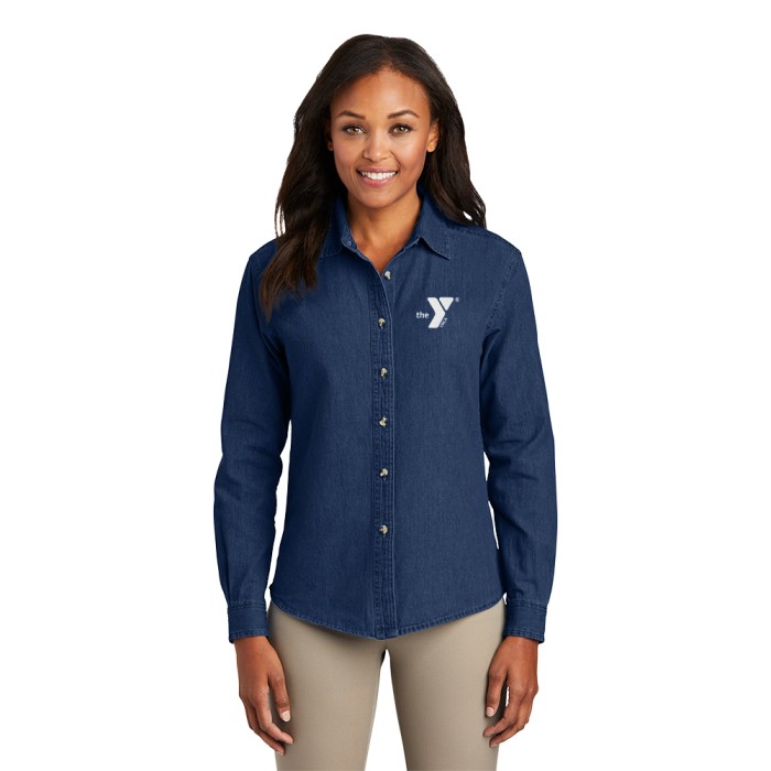 Ladies Long Sleeve Denim Shirt Embroidered